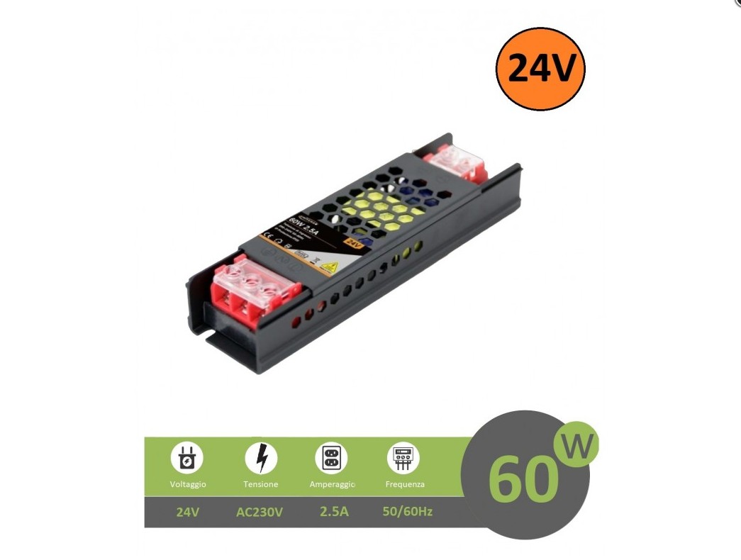 Alimentatore stabilizzato ultrasottile 24V 2.5A 60W trasformatore professionale slim salvaspazio